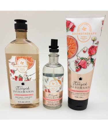 Aromatherapy - Rose +Tangerine + Tea - 3 pc Bundle - Body Wash and Foam Bath - 10 fl oz - Essential Oil Mist 5.3 fl oz & Ultimate Hydration Body Cream 8 oz.