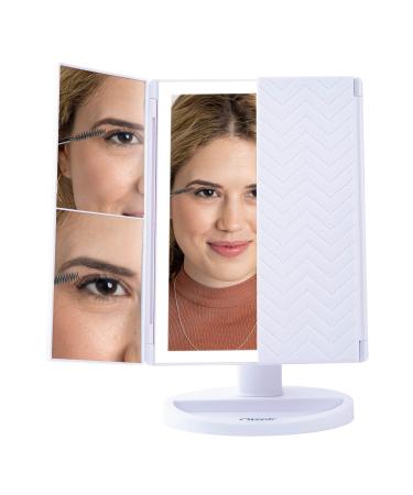 Oizeir Makeup Mirror with Lights   Natural Soft Light  Adjust Brightness  3X Magnification  USB or Battery Power  Tri-Fold and Rotation Design for Comfortable Viewing Angle. (White)