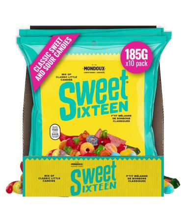 Sweet Sixteen Original Candy Classic Mix of Sweet and Sour-Coated Gummies 10 packs x 185g Peanut & Nut-Free Candies Soft Chewy and Always Fresh 185 g (Pack of 10)