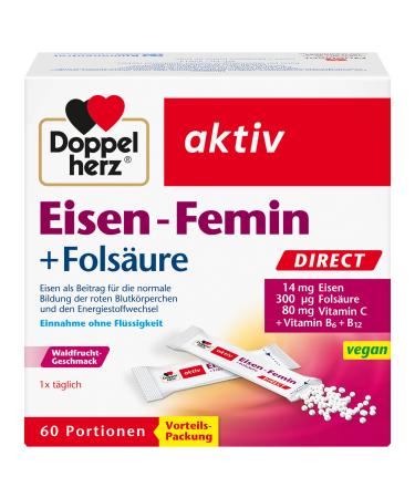 Double heart iron femin Direct with vitamin C + B6 + B12 + folic acid - 14 mg iron for the normal formation of red blood cells - 60 portions micro pellets 60 portions (1 Pack)