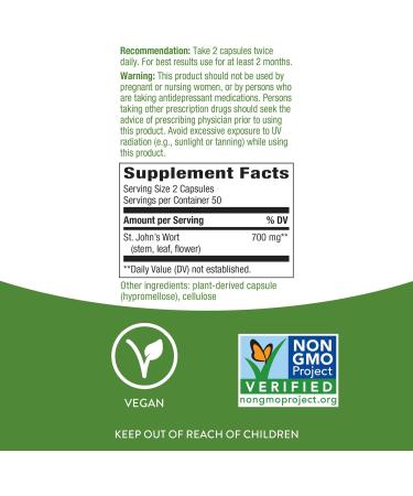 Nature's Way Premium St. John s Wort Herb Promotes Positive Outlook* 700 mg per Serving 100 Vegan Capsules (Pack of 2) 1 Count (Pack of 2) - Buy Online on GoSupps.com