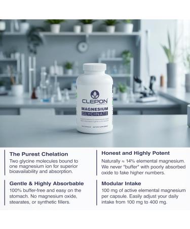 CLEPON Magnesium Glycinate (100mg Elemental per Capsule) - 180 Capsules - High Absorption Fully Chelated - Sleep Support Relaxation Muscle Cramps & Heart Health - 3rd Party Tested Non-GMO Vegan - Buy Online on GoSupps.com