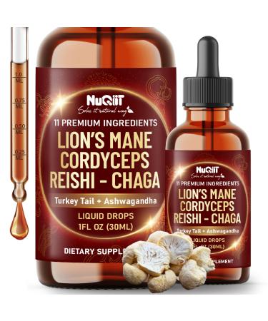 NUQIIT 11in1 Mushroom Supplement Liquid Drops Complex Blend by Penhoment with Ashwagandha Lions Mane Turkey Tail Cordyceps Reishi Chaga Shitake Maitake Agaricus and More - 1FL Oz - 60 Day Supply