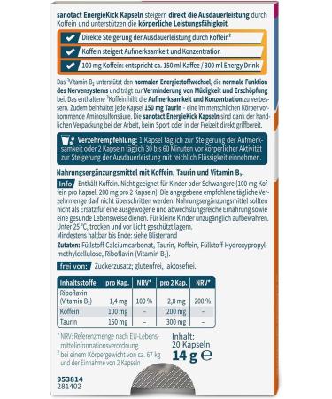 Sanotact Energy Kick - 20 Vegan Energy Capsules | Caffeine Taurine & Vitamin B2 Booster for Fatigue Relief - Buy Online on GoSupps.com