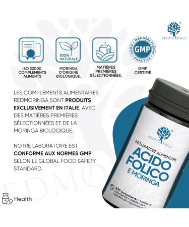 Folic Acid 400 mcg | 230 Vegan Tablets with Unique Organic Moringa | Pregnancy & Vitality Support | Natural Vitamin B9 | 100% Vegan Pregnancy Supplement | Made in Italy | RedMoringa - Buy Online on GoSupps.com