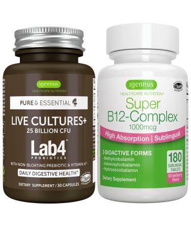 Live Cultures+ Lab4 Probiotics + Super B12-Complex Vegan Bundle 25 Billion CFU Lactobacillus Acidophilus and Bifidobacterium + High Absorption Sublingual B12 by Igennus
