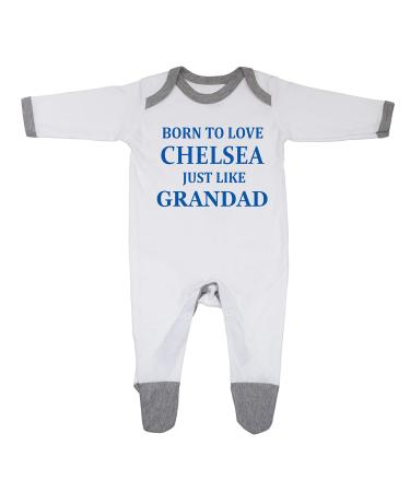 'Born to Love Chelsea Just Like Grandad' Baby Boy Girl Designed and Printed in the UK Using 100% Fine Combed Cotton 12-18 Months White/Grey Trim
