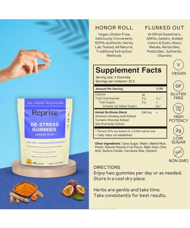 De-Stress Gummies with American Ginseng Turmeric and Goji - Assist with Stress Relief & Mood Boost All-Natural Relaxation Low-Sugar 45 Vegan Gummies Passion Fruit (45 Gummies (Pack of 1)) 45 Count (Pack of 1) - Buy Online on GoSupps.com