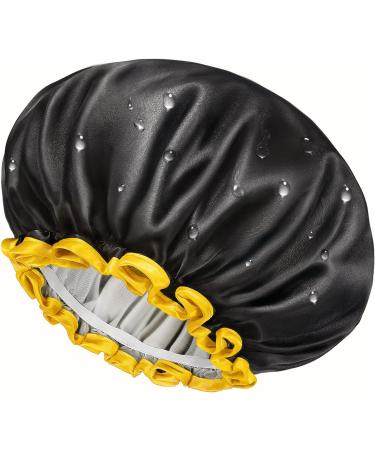 MikiMini Black Small Shower Cap for Kids - Waterproof Double Layer Bathing Hair Cap with Reusable PEVA Lining - Cute & Stretchy - Black+Yellow - Buy Online on GoSupps.com