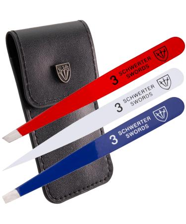 3 Swords Germany brand quality professional stainless steel precision tweezer set FRANCE slanted straight pointed eyebrows hair synthetic leather case manicure pedicure by 3 Swords (005397) "France"