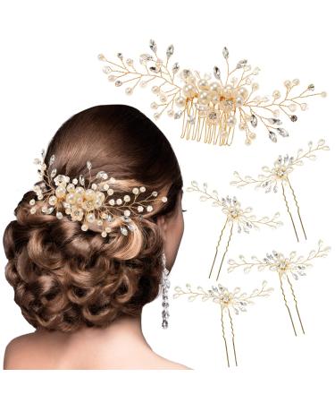 5 Pieces Wedding Hair Accessories for Brides  Pearl Crystal Rhinestone Hair Comb Hair Pins Bridal Hair Accessories  Gold Hair Accessories for Brides Bridesmaids Women Girls (Gold)