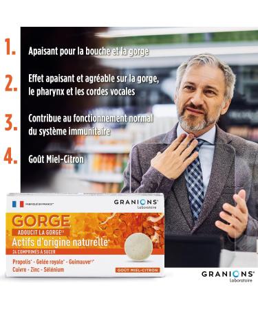 Throat GRANIONS | Dietary Supplement | Sore Throat Normal Immune System Function | Propolis + Royal Jelly + Marshmallow | Honey Lemon Flavor | FR Brand | 24 Tablets - Buy Online on GoSupps.com