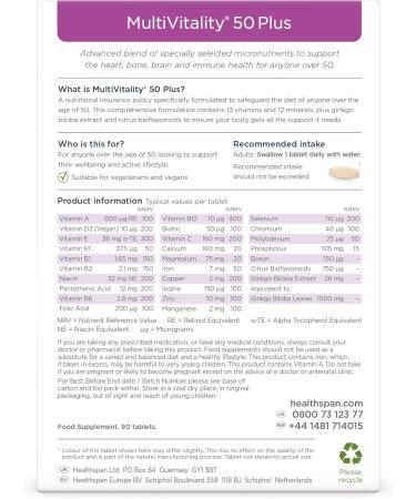 Healthspan Multivitamin 50 Plus | Advance Multivitamin for over-50's | Immune Health Support | 13 Vitamins & 12 Minerals | Ginkgo Biloba & Citrus Bioflavonoids | Vegetarian (180 Tablets) 90 count (Pack of 2) - Buy Online on GoSupps.com