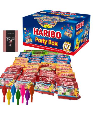 60x Haribo Mini Bags Sweets Gift Box &5x Punch Balloons - Haribo Sweet Bags Contain Strawbs Haribo Sweets Haribo Tangfastics Haribo Starmix Supermix Haribo Sweets & Lovely Card - Party Bag Fillers