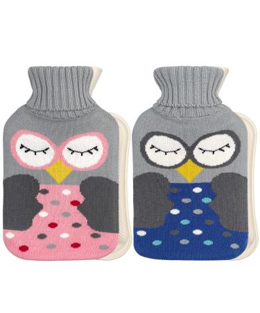 2L Hot Water Bottle with Cover Large Cute Rubber Hot Water Bag (Pack of 2) for Pain Relief, Cramps, Warm, Hot and Cold Therapy, Pink Owl and Gray Navy Owl 2 Liter*2 Grey & Pink
