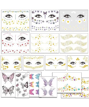 Tazimi Glitter Face Temporary Tattoos - 16 Sheets | Butterfly, Daisy, Totem, Snowflake | Halloween Makeup for Women & Girls | Metallic Freckles, Facial Decoration for Dancer Costume Parties - Buy Online on GoSupps.com