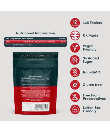 Iron Tablets High Strength 14mg - 365 Tablets 12 Months Supply - Vegan Iron Supplements for Women and Men - Ferrous Fumarate Energy Tablets Reduces Tiredness and Fatigue - UK Made Iron Vitamin - Buy Online on GoSupps.com