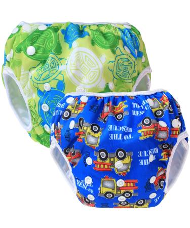 Teamoy 2 baby swimming trunks comfortable washable and adjustable ideal for swimming lessons or holidays Turtles Green+ Cars Blue