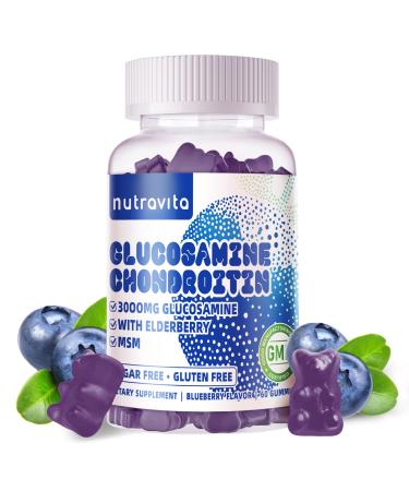 Nutravita Glucosamine Chondroitin Gummies with MSM & Elderberry Extra Strength - Joint Support Antioxidant Immune Support Supplement for Adults Men & Women.60 Blueberry Chews