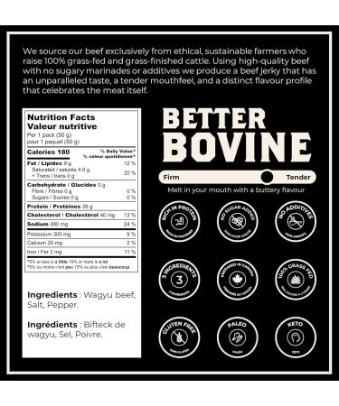 BETTER BOVINE Grass Fed Wagyu Beef Jerky Keto Paleo Low Carb High Protein Gluten Free Sugar Free Non-GMO Nitrate Free Preservative Free No Antibiotics No Added Hormones 26g Protein 0g Carbs 180 Calories Salt and Pepper 5 Pack - Buy Online on GoSupps.com