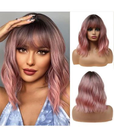 Esmee 14 Inches Short Pink Wigs with Bangs for Women Natural Synthetic Hair Ombre Wig with Dark Roots Loose Wavy Wigs for Cosplay Daily Party Wear Ombre Pink 14 Inch (Pack of 1)