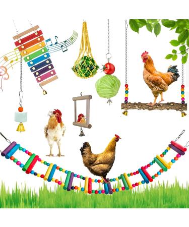 FANFX 7 Packs s Chicken Toys Set , Chicken Xylophone Toys for Hens, Chicken Bridge Swing Toys, Chicken Mirror Toys ,Chicken Pecking Toys and Vegetable Hanging Feeder for Chicken Coop