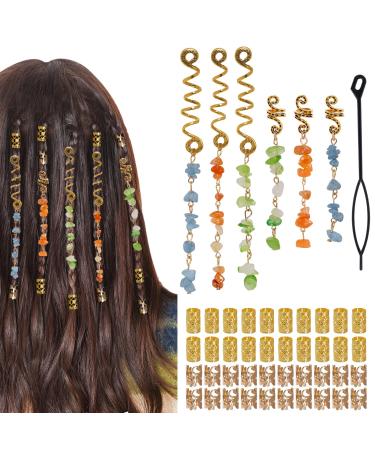 47Pcs Hair Jewelry for Braids  hoyuwak Natural Colored Crystal Stone Hair Braid Accessories Metal Hair Charms Gold Loc Dreadlock Hair Spirals Cuffs Rings for Women Girls Hairstyle Decoration
