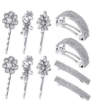 Chunyin 10 Pieces Rhinestone Bobby Pins Silver Hair Metal Bling Barrettes Small Semicircle Decorative Spring Grip Clips Crystal Ponytail Holder Wedding Accessories for Women Girl  Piece Set