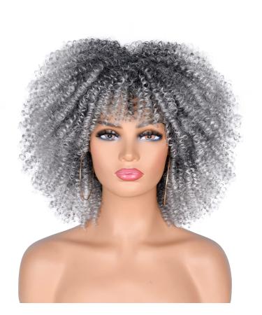 ANNISOUL 10Inch Short Curly Afro Wigs for Black Women Bomb Afro Kinky Curly Wig with Bangs Synthetic Fiber Full Wig(Ombre Grey)