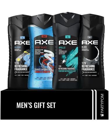 Axe Body Wash Variety Set  Set of 4 Scents  Includes Axe Black  Axe Sport  Axe Apollo and Alaska Body Wash  3 in 1 Body and Face Wash  8.4 Ounces Each  in a Box