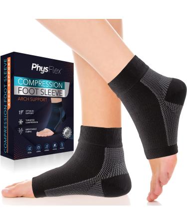 PhysFlex Compression Socks for Plantar Fasciitis, Achilles Tendonitis Relief - Ankle Compression Sleeve for Heel Spurs, Foot Swelling, Fatigue & Sprain - Arch Support Brace for Work, Gym, Sports Medium Black