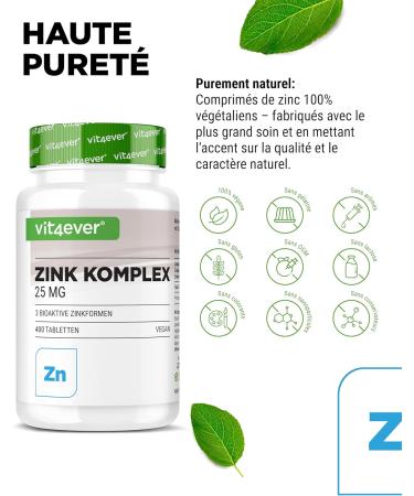 Complexe Zinc 25 mg - 400 Comprim s - Avec 3 Formes de Zinc Biodisponibles (Bisglycinate de Zinc Gluconate de Zinc Citrate de Zinc) - Vegan Hautement Dos Sans Additifs inutiles - Buy Online on GoSupps.com