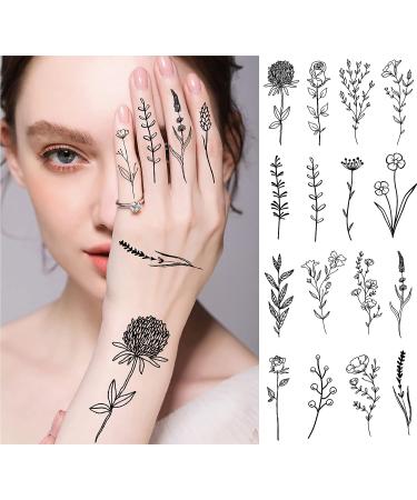 YAKAGO 16 Sheets Black Small Flower Temporary Tattoos for Women | 74 Styles Tiny Branch Fake Tattoos | Floral Bouquet Design for Neck, Finger, Hand, Arm | Sunflower, Dandelion, Lily, Lavender, Rose Tattoo - Buy Online on GoSupps.com