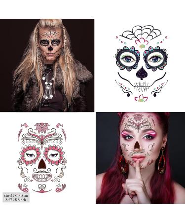 Day of the Dead Sugar Skull Tattoos - 12 Sheets, 6 Large Halloween Face Temporary Tattoos - Buy Online on GoSupps.com