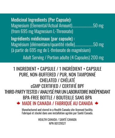 Magnesium L-Threonate Supplement - Pure High-Absorption Chelated Threonate - 124 Premium Capsules x 50 mg Elemental Magnesium 200 mg Once Daily for Women and Men - Made in Canada by Nutritionn - Buy Online on GoSupps.com