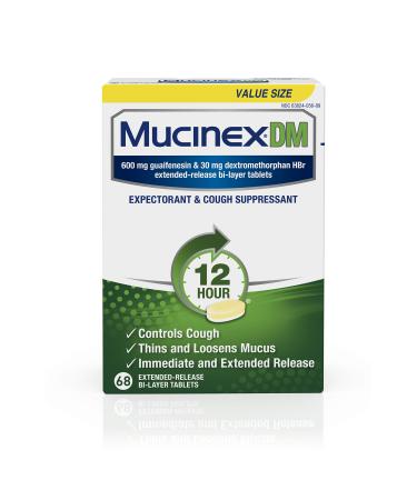 Mucinex DM 12 hour Cough and Chest Congestion Medicine -Expectorant and Cough Suppressant tablets(Lasts 12 hours/Powerful Symptom Relief/Extended-Release Bi-layer), White, 68 Count (Pack of 1)