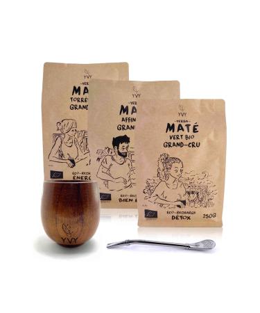 YVY MAT Grand Cru Mate Kit | Mate Pack with Wooden Calabash Bombilla and 3 Pocket of Yerba Mate Bio Grand Cru 750g | Complete Set to Start Mate | Grand Cru Discovery Mate Set