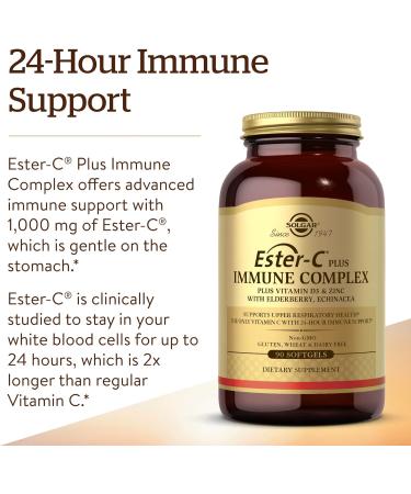 Solgar Ester-C Plus Immune Complex 90 Softgels - 24-Hour Immune Support with D3, Zinc, Elderberry & Echinacea - Non-GMO, Gluten-Free, Dairy-Free - 45 Servings - 90 Count - Buy Online on GoSupps.com