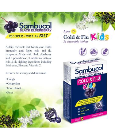 Sambucol Black Elderberry for Kids 120 Milliliter & Black Elderberry Cold & Flu Kids | Relieves Cold & Flu Symptoms | Immune Support & Antioxidant | Gluten Free | 24 Chewable Tablets blue SUPPLEMENT + MEDICATION - Buy Online on GoSupps.com