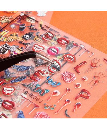 NICENEEDED 5D Halloween Nail Art Stickers 3 Sheets Stereoscopic Embossed Pumpkin Nail Decals Self-Adhesive Stickers with Skull Bat Witch Bloody Lips Design for Nail Art Decorations - Buy Online on GoSupps.com