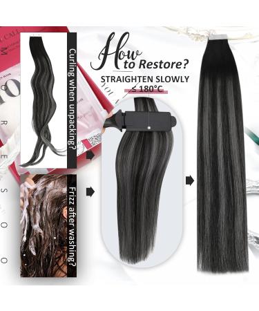 Moresoo 60cm Real Hair Tape Extensions - Ombre Black & Silver Balayage Invisible 50g Long Hair Extensions - Buy Online on GoSupps.com
