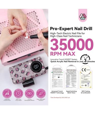 SAVILAND Portable Nail Drill 35000RPM: Professional E-File Rechargeable Electric Filer Acrylic Removal Endurance Diamond Shiny Drill Dremel Ceramic Bits Expert Salon Use Manicure Pedicure Pink Leopard Print - Buy Online on GoSupps.com