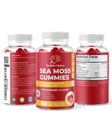 Healthier Options Irish Sea Moss Gummies with Bladderwrack & Burdock Root 2840 Mg | 60 Gummies | Strawberry Flavour | Vitamins & Minerals | Organic Natural Vegan Gluten Free Non GMO High Strength