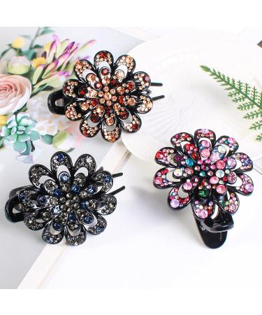 WYCHUN 3PCS Womens French Curved Duckbill Hair Clips with Flower Rhinestone Design - Multi-colored | Stylish Barrettes for Thick Hair - Buy Online on GoSupps.com