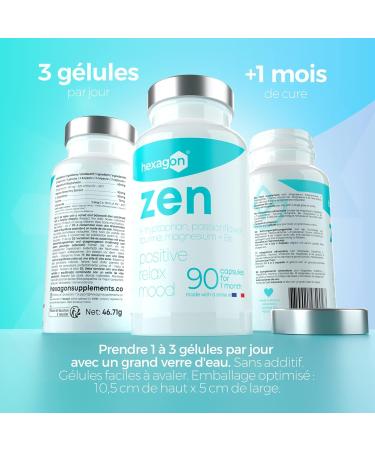Zen Anti-Stress Complex Magnesium Bisglycinate Passionflower L-Tryptophan Taurine Vitamin B6 - Promotes Relaxation - 90 Vegetable Capsules - Made in France Hexagon - Buy Online on GoSupps.com