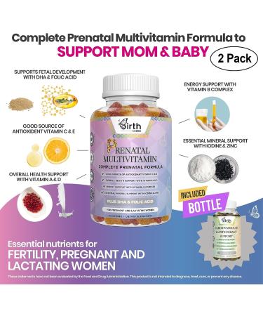 BIRTH CORE Prenatal Vitamins with CoQ10 - 2 Bottles Multivitamin Gummies for Women | DHA, Folic Acid, Cardiovascular & Antioxidant Support | Conception & Fertility Supplements - Buy Online on GoSupps.com