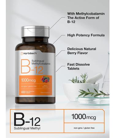 Vitamin B12 Sublingual 1000 mcg | 400 Fast Dissolve Tablets | Methylcobalamin Supplement for Adults | Natural Berry Flavor | Vegan, Vegetarian, Non-GMO | Gluten Free by Horbaach - Buy Online on GoSupps.com