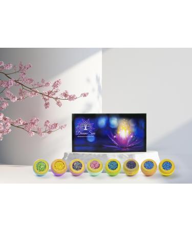 Dream Spa Bath Bombs/Abundance Bath Bombs with semi-Precious Stones/Skin Soothing Essential oils/8x80g with sea Salts/Unique scents/Men/Women/Gift Set