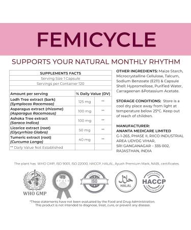 FEMICYCLE Herbal Supplement for Women PMS Hormonal & Menstrual Cycle Support Lodh Tree Ashoka Asparagus Licorice & Turmeric Period Wellness Formula 120 Vegan Capsules - Buy Online on GoSupps.com