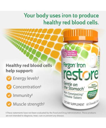 Fergon Iron Restore Chewable Tablets - 27mg Iron for Gentle Energy Support - Non-Constipating Formula - 60 Count - Buy Online on GoSupps.com